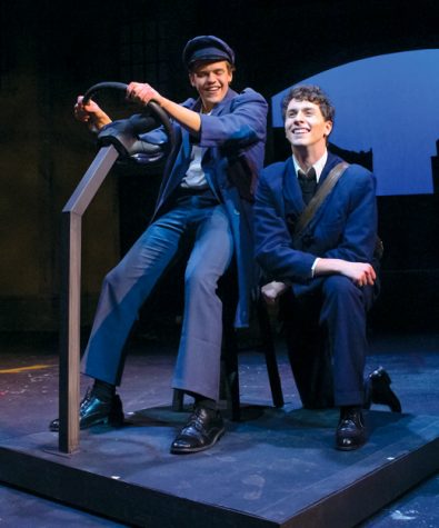 UND theatre arts students Joe Picardi (left) and Tyler Folkedahl (right) perform as Robbie Fay and Alfie Byrne respectively in "A Man of No Importance" at the Burtness Theatre.