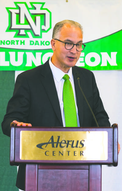 President+Mark+Kennedy+speaks+at+the+ND+Champions+Club+fan+luncheon+at+Alerus+Center+on+Friday%2C+September+16%2C+2016.+Photo+by+Nick+Nelson%2F+The+Dakota+Student