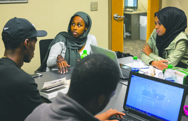 Ifrah Esse (left) speaks with other multicultural students about the recent Snapchat controversy at the Memorial Union on Wednesday, September 21, 2016. Photo By Nick Nelson/ The Dakota Student