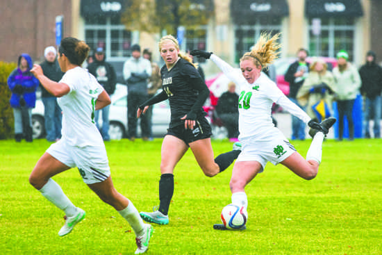 UND sophomore Katie Moller plants her foot in preparation for a big kick during a match last season against Idaho. Photo by Nick Nelson/ The Dakota Student