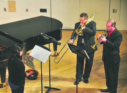 Miaoqian Liu (left), Dr. Ronnie Ingle (center) and Dr. Joel Pugh (right) perform at the Josephine Campbell Recital Hall during the UND Music Faculty and Student showcase on Friday, September 16, 2016. Photo by Daniel Yun/ The Dakota Student