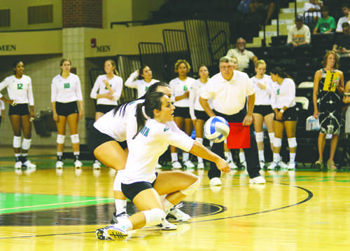 Tamara Merseli goes for the bump against Texas Tech on September 3, 2016 at the Betty Engelstad Sioux Center. Photo by Daniel Yun/ The Dakota Student