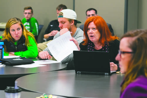 Thomasine Heitkamp, UND professor in social work, speaks during the Intercollegiate Athletic Committee meting on Monday afternoon at Robin Hall.