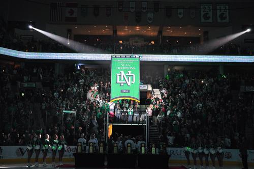 The UND 2016 NCAA championship banner was raised Saturday evening at the Ralph Engelstad Arena before an exhibition game against the Manitoba Bisons.
