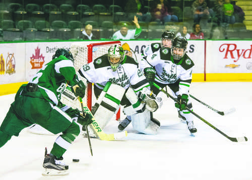 Lexie Shaw protects the goal against Bemidji State University at the Ralph Engelstad Arena on October 18, 2015.