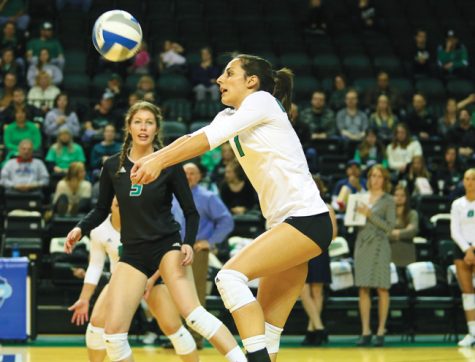 Tamara Merseli prepares to forearm pass against Idaho State University Friday night at the Betty Engelstad Sioux Center.