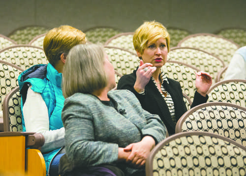 Tami Carmichael (right) speaks during a question an answer session last year. File Photo/ Dakota Student