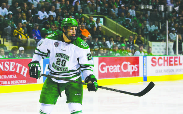 Defenseman Gage Ausmus is one of two mens hockey players graduating this semester. Nick Nelson/ Dakota Student