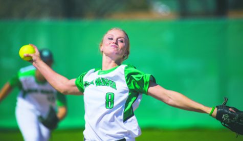 Kaylin VanDomelen winds up a pitch against Weber State last season at the Apollo Sports Complex. File Photo/ Dakota Student