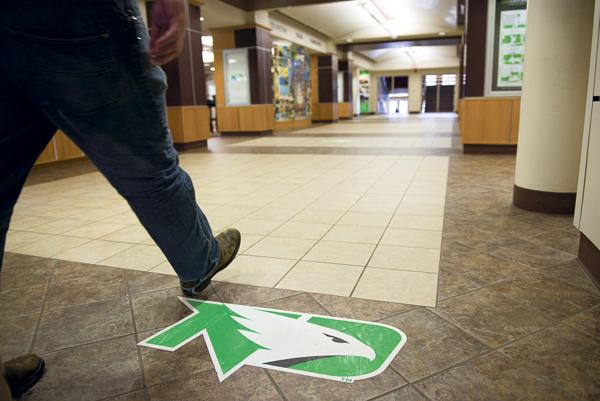 During spring break, UND increased Fighting Hawks logo presence on-campus with graphics inside the Memorial Union and elsewhere. Nick Nelson/ Dakota Student