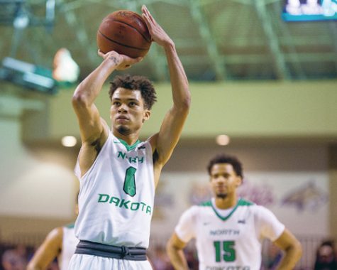 Geno Crandall shoots a free throw after being fouled Saturday against Portland State at the Betty Engelstad Sioux Center. Nick Nelson/ Dakota Student