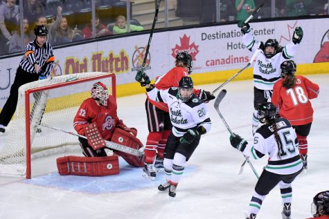 Emma Nuutinen celebrates scoring the first goal of the game against Ohio State on Feb. 18 at the Ralph Engelstad Arena. Photo courtesy of Russ Hons Photography