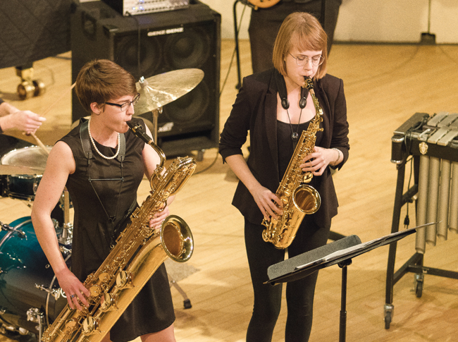 Sadie Cochrane (left) and Marcie Woehl (right) perform as part of the UND Jazz Combo Tuesday night at Hughes Fine Arts Center.