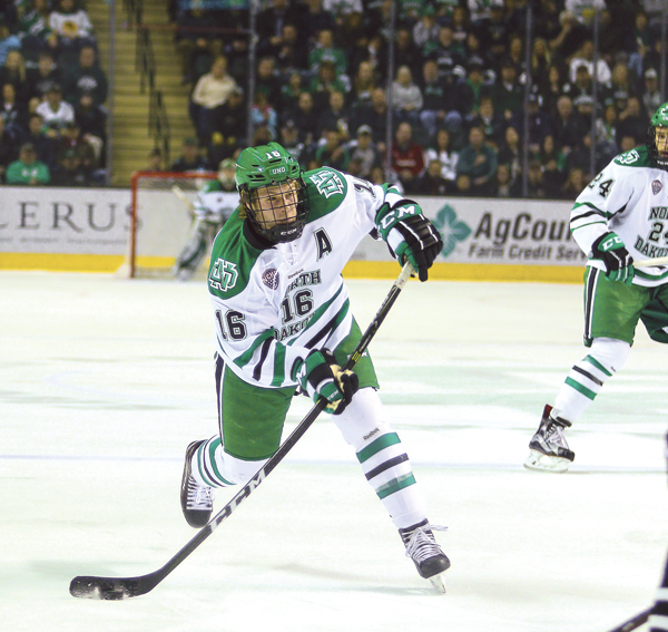 Former UND forward Brock Boeser fires a shot against Omaha earlier this season at the Ralph Engelstad Arena.