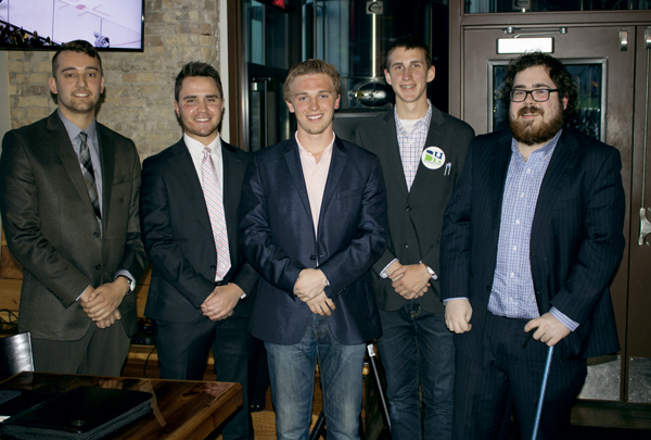 President and vice presidential candidates (from left) Blake Andert, Nico Hanson, Erik Hanson, Cole Bachmeier and David Owen participated in a forum Thursday night at Rhombus Guys Brewery.