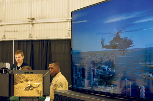 A helicopter simulation is on display during a SAMA conference held Saturday, April 22, 2017 at the Grand Forks Air Force Base.