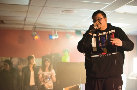 Local rapper Shawn Who performs in a hip-hop concert at Ojata Records, a Grand Forks restaurant, comic book store and music venue.