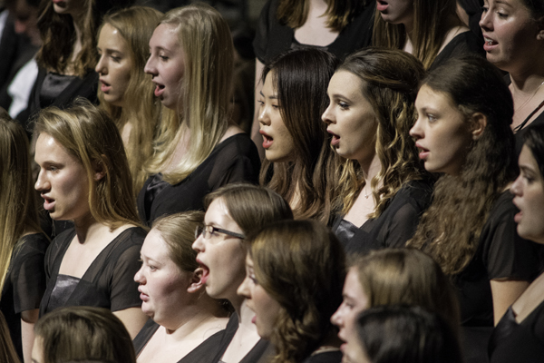 The UND Allegro Women's Choir performs "There Will Come Soft Rains" during Friday's UND Student Ensembles Showcase concert at the Chester Fritz Auditorium.