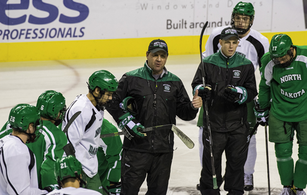 UND head coach Brad Berry leads the mens hockey team in a practice last season at the Ralph Engelstad Arena. 