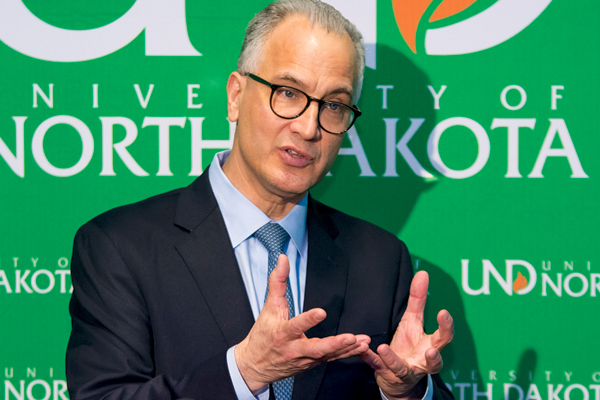 President Mark Kennedy speaks to the media after being confirmed to be the next UND President by the State Board of Higher Education.