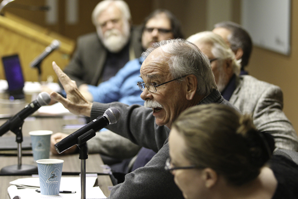 Former Grand Forks Herald publisher Mike Jacobs speaks on changes in the local newspaper lansdcape as part of a media and journalism panel discussion Wednesday, March 21, 2018 in the Memorial Union Lecture Bowl. 