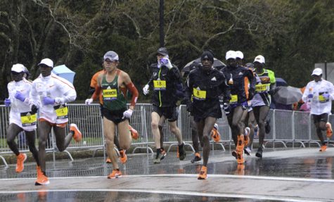 Runners near the halfway point of the 2018 Boston Marathon near Wellesley, MA on April 16, 2018. 