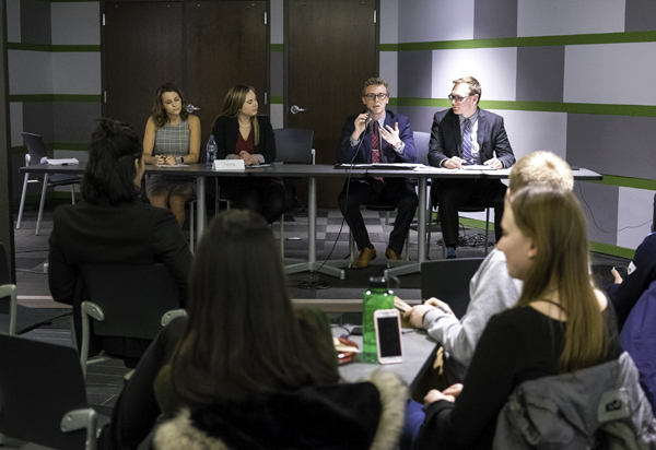 Student body president-vice president candidate team (from left) Abbie Morlock and Theresa Hanley join candidates Erik Hanson and Kaleb Dschaak in a forum at Wilkerson Commons on Wednesday, April 4, 2018. 