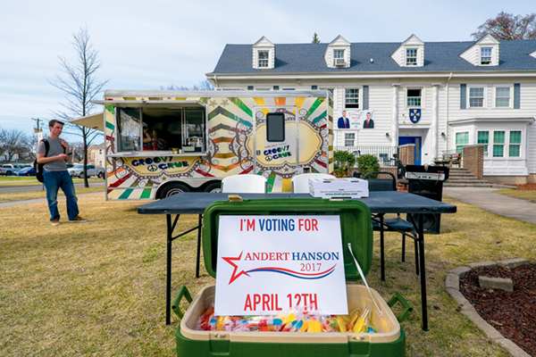 During UND student elections held on Wednesday, April 12, 2017, Sigma Chi hosted advertisements for Blake Andert and Nico Hanson as well as a food trailer and free popsicles.