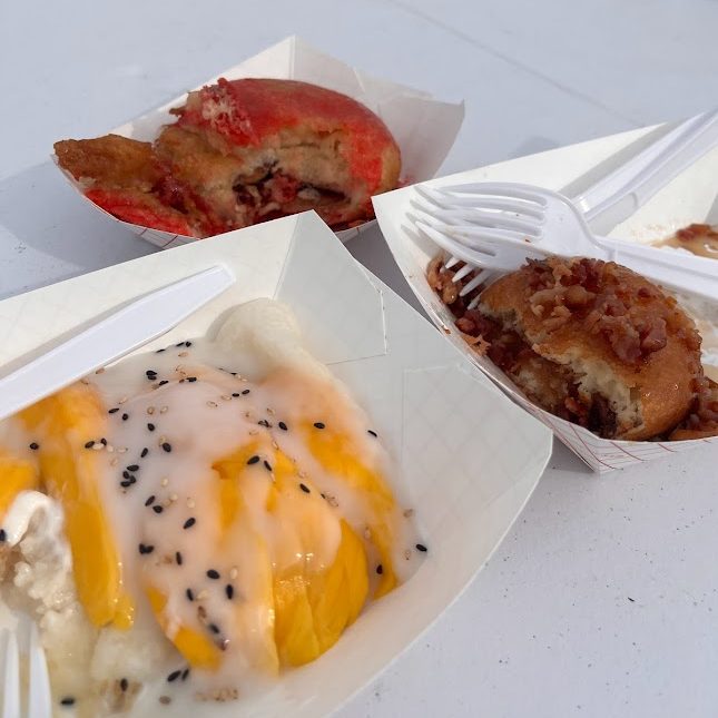 Mango sticky rice, deep-fried PB&J, and deep-fried snickerdoodle with bacon topping.