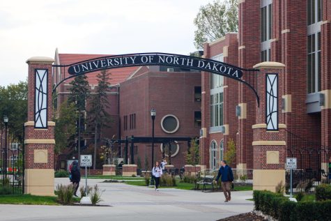 Students walk on University of North Dakota campus