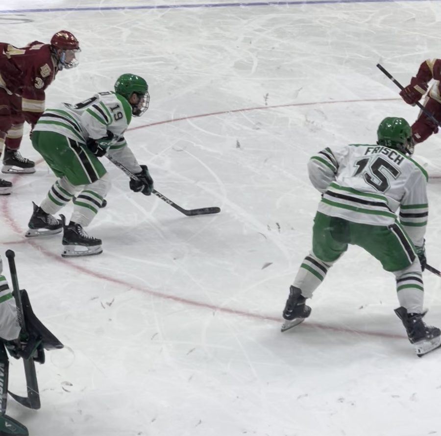 Hockey players at the Ralph Engelsted Arena on the University of North Dakota