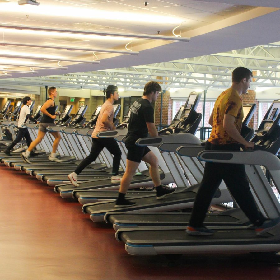People exercising on treadmills at the University of North Dakota Wellness Center.