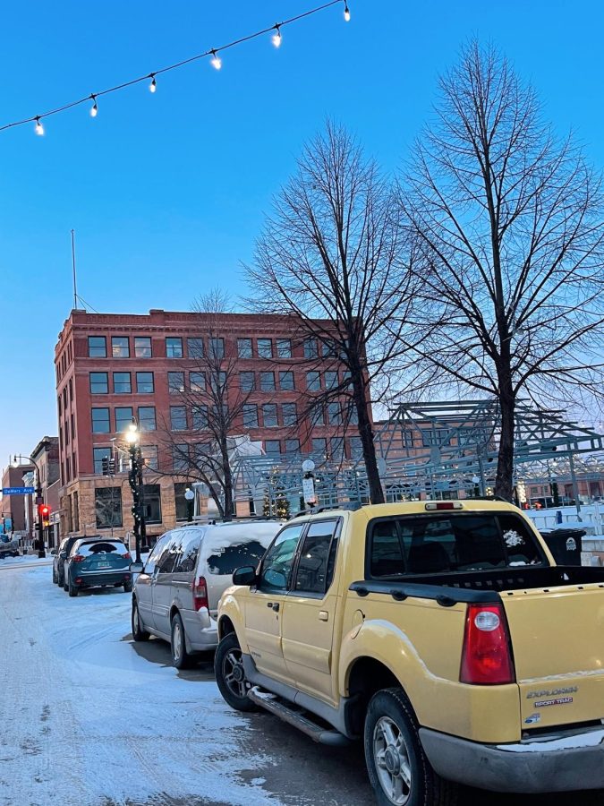 Cars parked in downtown Grand Forks
