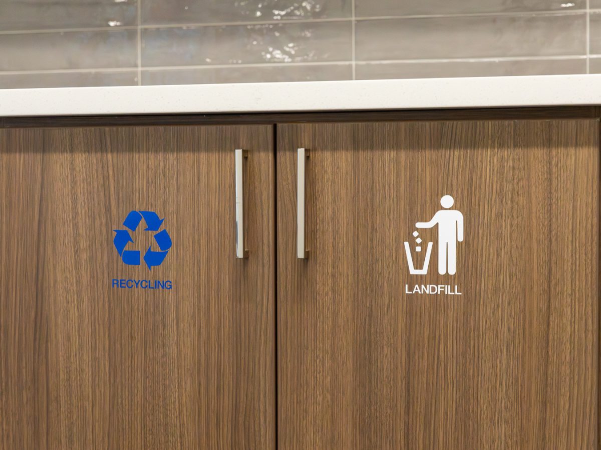 Landfill and recycle waste bins.